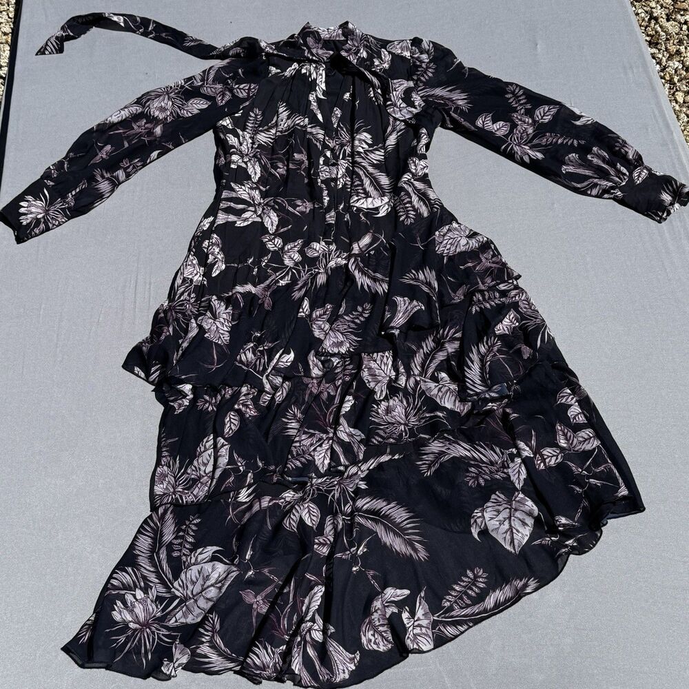 MARCHESSA NOTTE Dress Tiered Asymmetrical Hem Maxi Tie Long Sleeves Sz 10 Navy - Picture 10 of 13